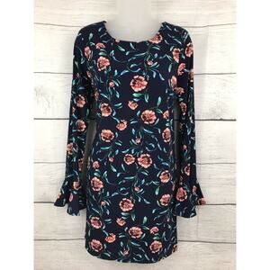 Cynthia Steffe Navy Blude Floral Long Bell Sleeve Lined Shift Dress Size M